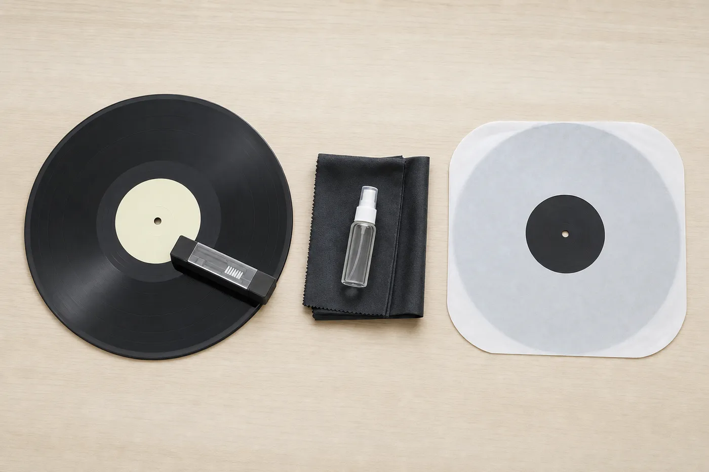Overhead view of the three stages of record care: the velvet block on a record, a microfiber cloth with a spray bottle, and a record in its inner sleeve
