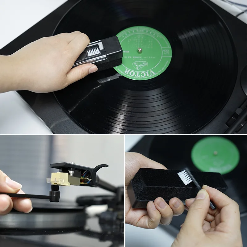 A hand sweeping the velvet block across the surface of a spinning record