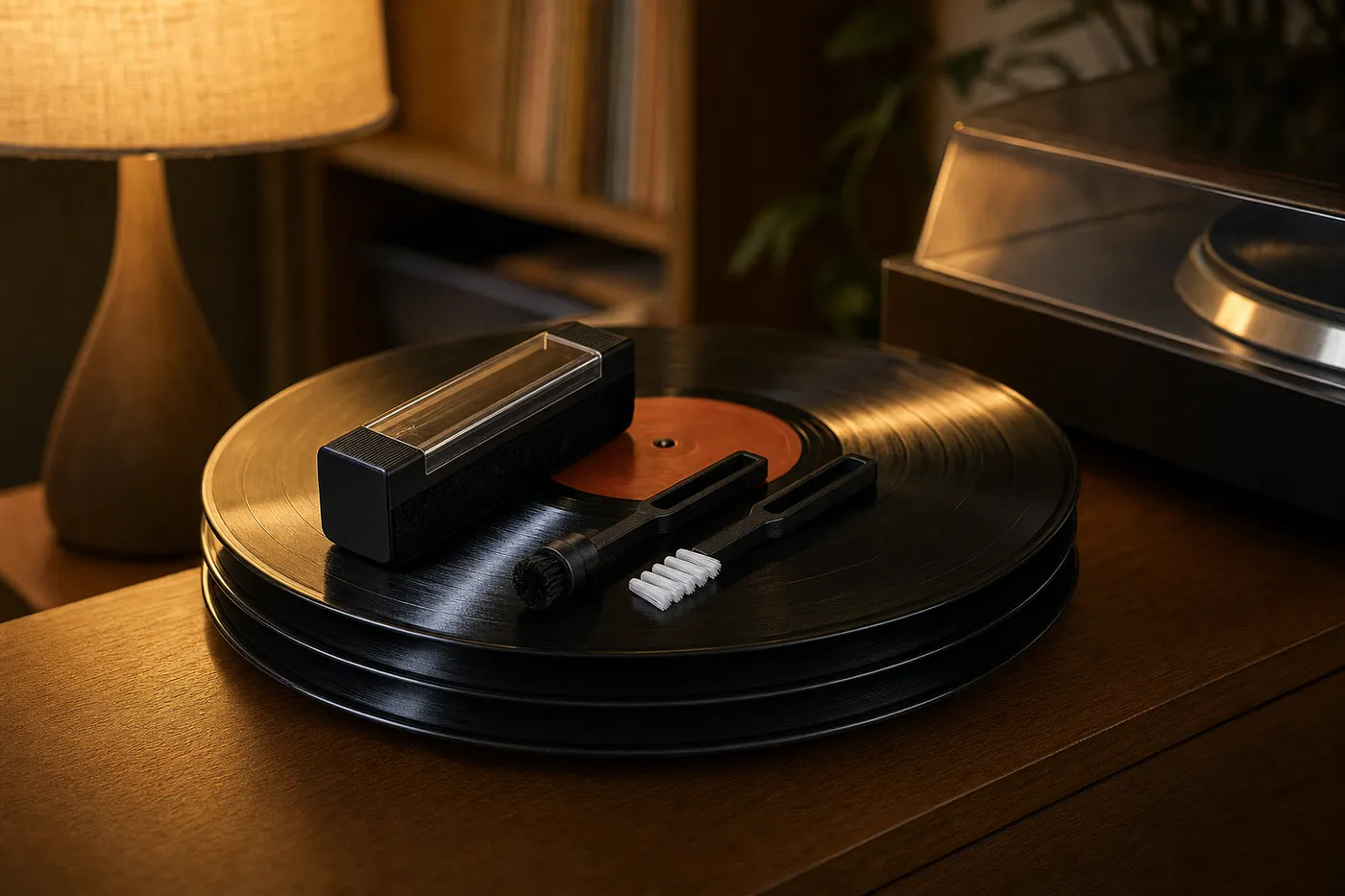 Records filed upright on a shelf in a home listening room